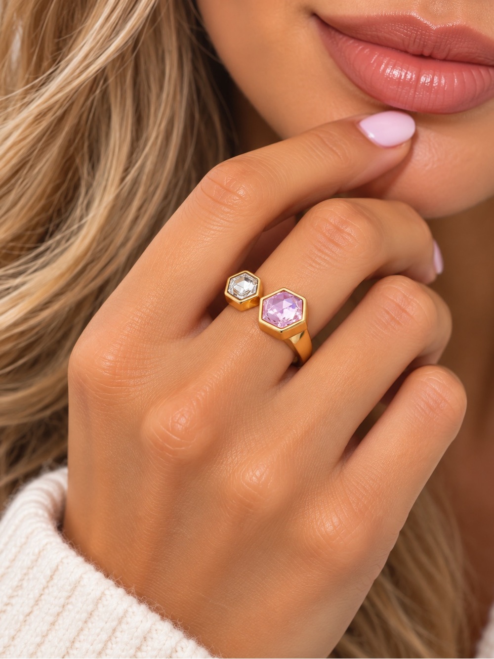 18K Gold Hexagon Rose Quartz and Moissanite Stone Ring Luxury